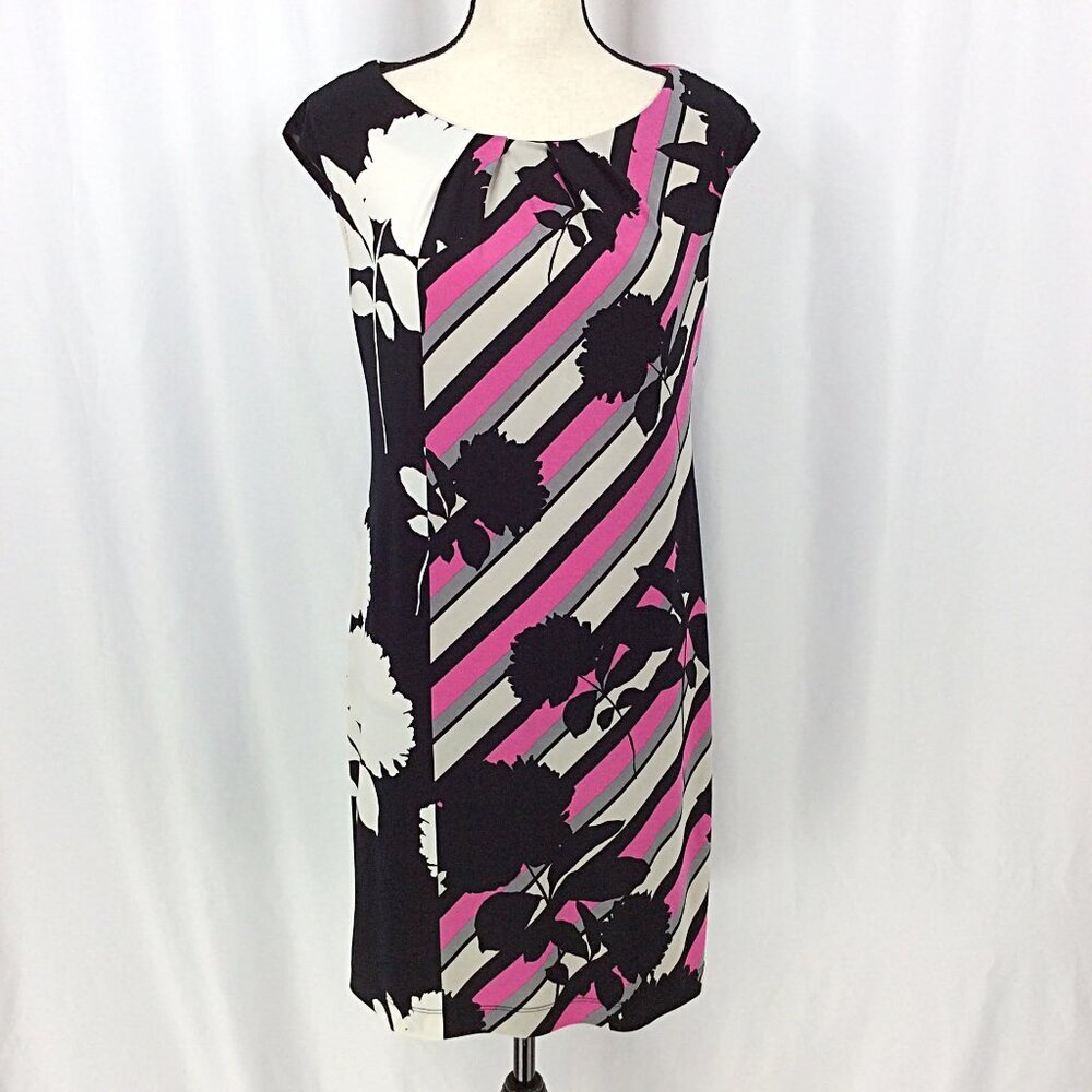 London Times Dress Womens Size‎ 8 Pencil Stretch Pink Black Floral Cap Sleeve